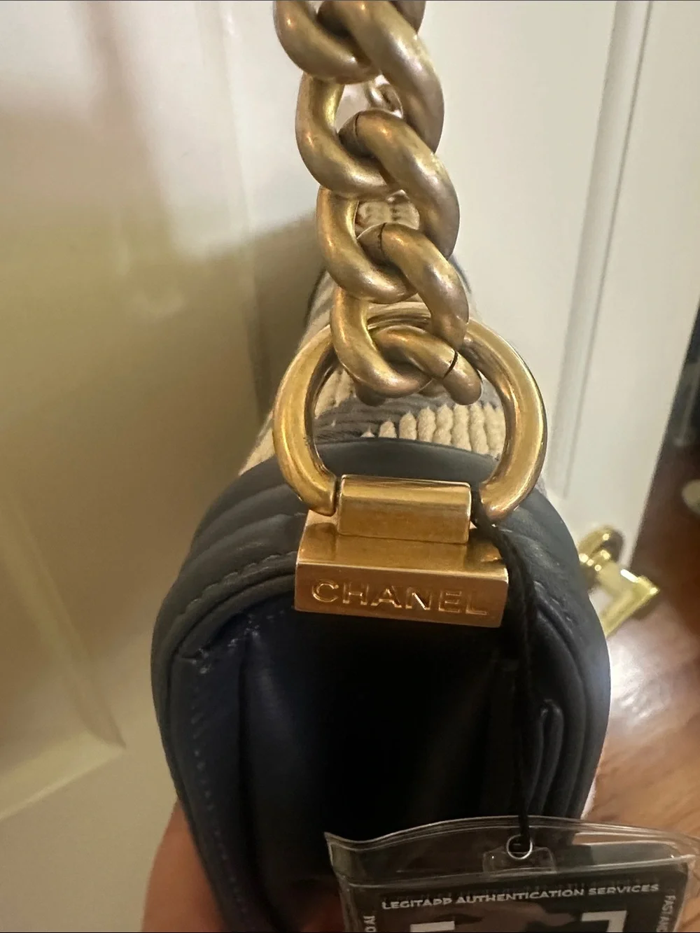CHANEL small blue & Cream Chevron and Leather Boy Crossbody